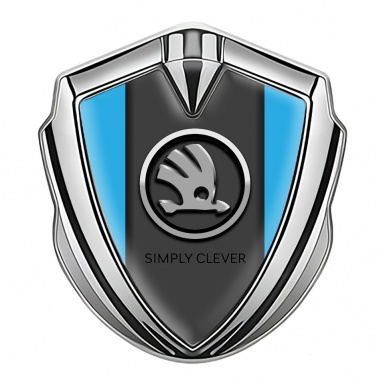 Skoda Emblem Metal Badge Silver Ice Blue Base Chrome Logo Edition