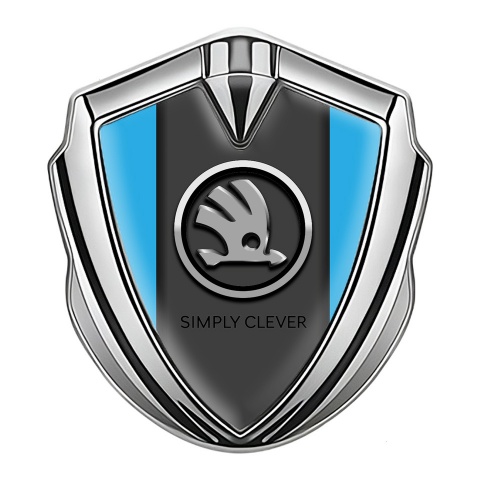 Skoda Emblem Metal Badge Silver Ice Blue Base Chrome Logo Edition