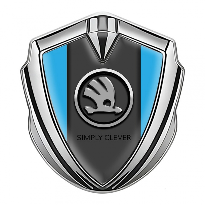 Skoda Emblem Metal Badge Silver Ice Blue Base Chrome Logo Edition