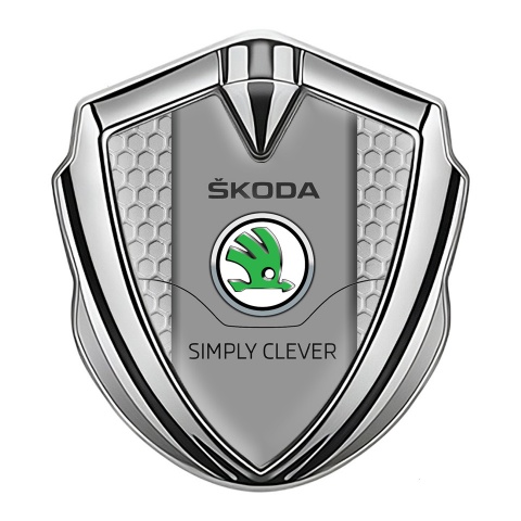 Skoda Badge Self Adhesive Silver Grey Honeycomb Classic Green Logo