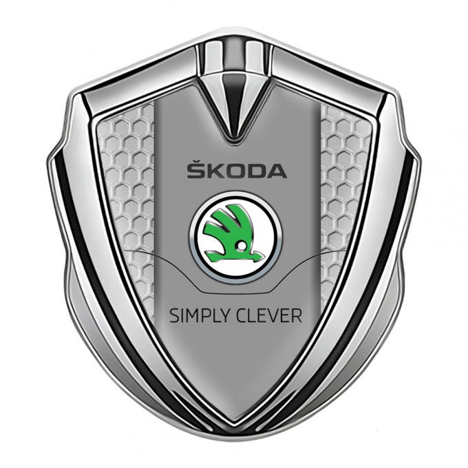 Skoda Badge Self Adhesive Silver Grey Honeycomb Classic Green Logo