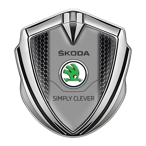 Skoda Fender Emblem Badge Silver Steel Grate Classic Green Logo
