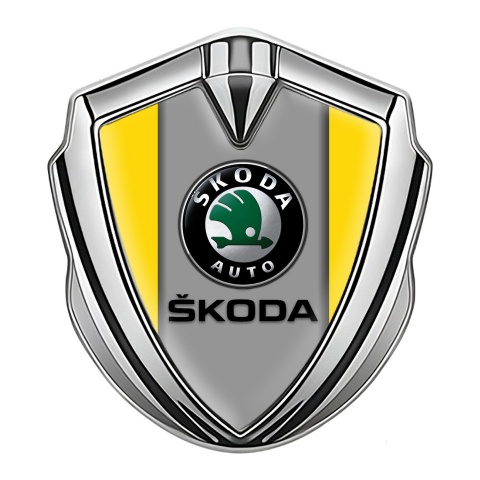 Skoda 3d Emblem Badge Silver Yellow Print Dark Logo Design