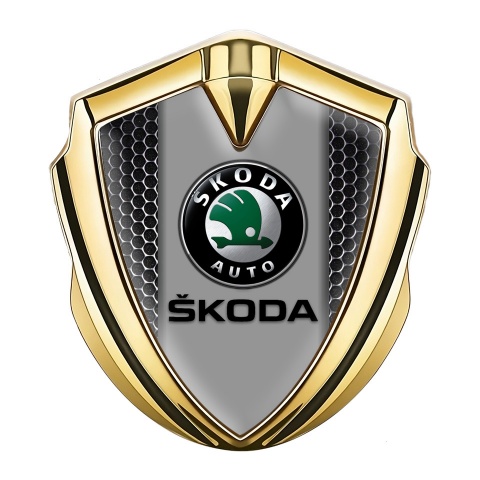 Skoda Bodyside Emblem Self Adhesive Gold Metal Grate Dark Logo
