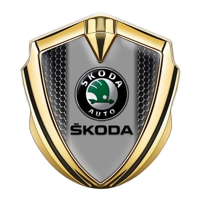 Skoda Bodyside Emblem Self Adhesive Gold Metal Grate Dark Logo