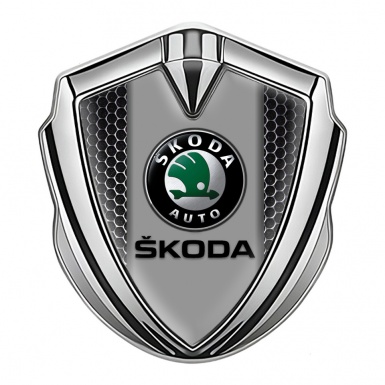 Skoda Bodyside Emblem Self Adhesive Silver Metal Grate Dark Logo