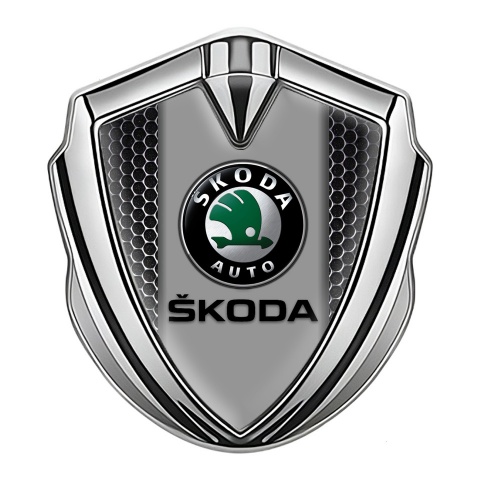 Skoda Bodyside Emblem Self Adhesive Silver Metal Grate Dark Logo
