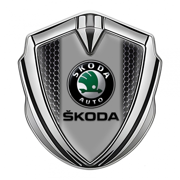 Skoda Bodyside Emblem Self Adhesive Silver Metal Grate Dark Logo