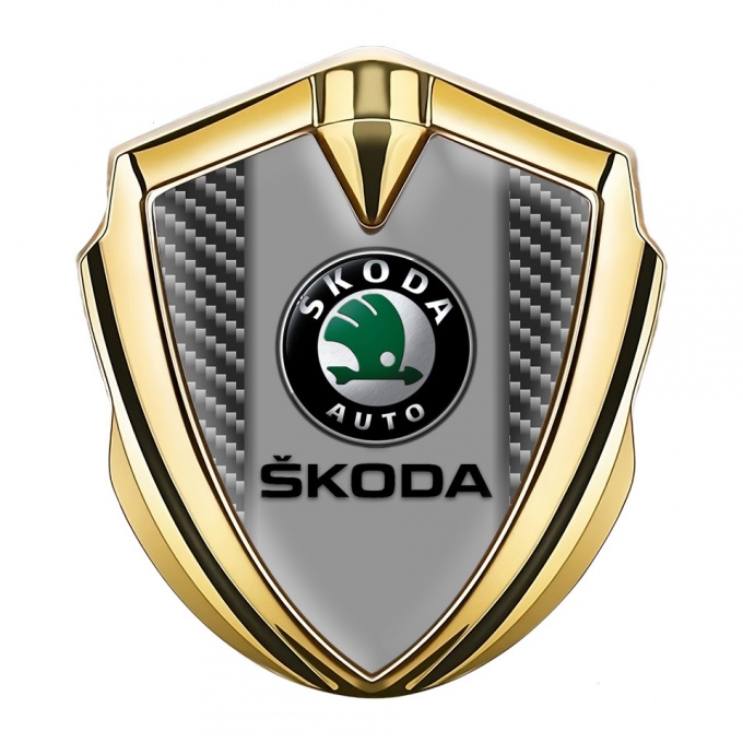 Skoda Emblem Badge Self Adhesive Gold Carbon Fiber Dark Logo Edition