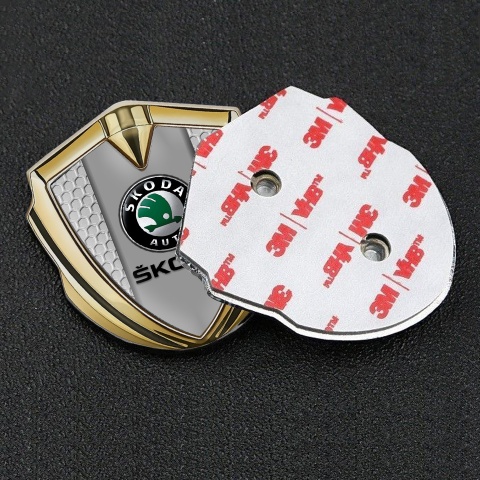 Skoda Metal Emblem Self Adhesive Gold Honeycomb Pattern Dark Logo