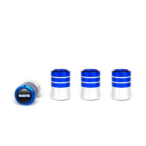 Rays Tyre Valve Caps Blue - Aluminium 4 pcs Black Silicone Sticker Navy Logo