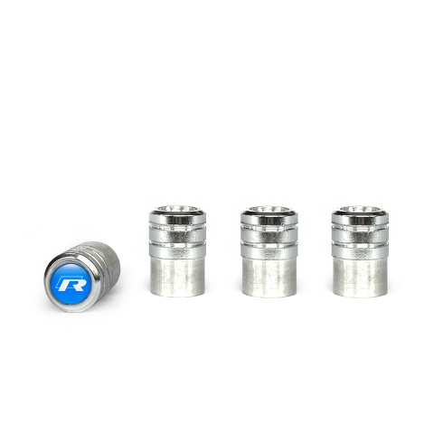 VW R Line Valve Caps Aluminum 4 pcs Blue Silicone Sticker White Logo