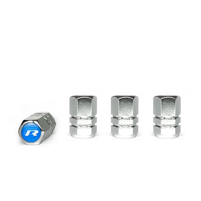 VW R Line Tyre Valve Caps Chrome 4 pcs Blue Silicone Sticker White Logo