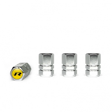 VW R Line Tyre Valve Caps Chrome 4 pcs Yellow Silicone Sticker Black Logo