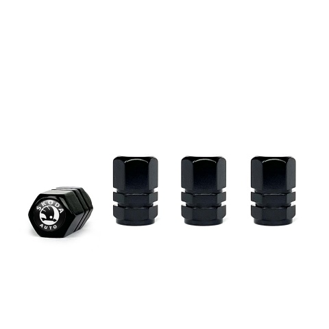 Skoda Valve Steam Caps Black 4 pcs Black White Logo