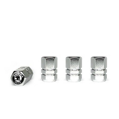 Skoda Tyre Valve Caps Chrome 4 pcs Black White Logo