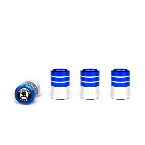 Skoda Tyre Valve Caps Blue - Aluminium 4 pcs Black White Logo