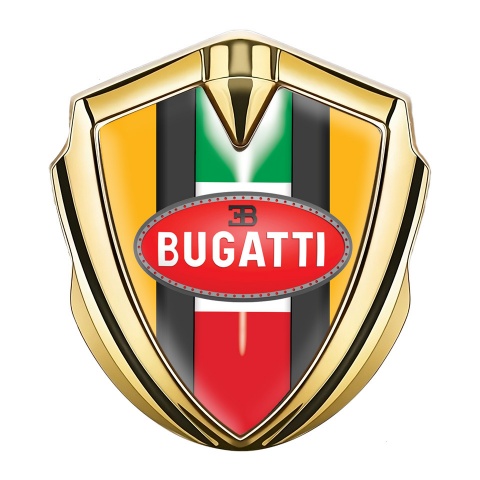 Bugatti Metal Emblem Badge Gold Yellow Base Italian Flag Edition