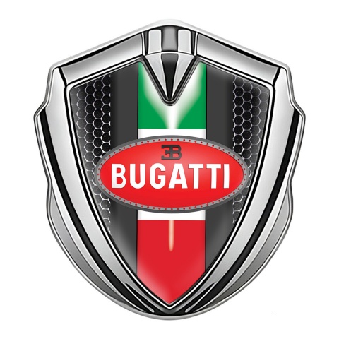 Bugatti Emblem Ornament Badge Silver Metal Grate Italian Flag Edition