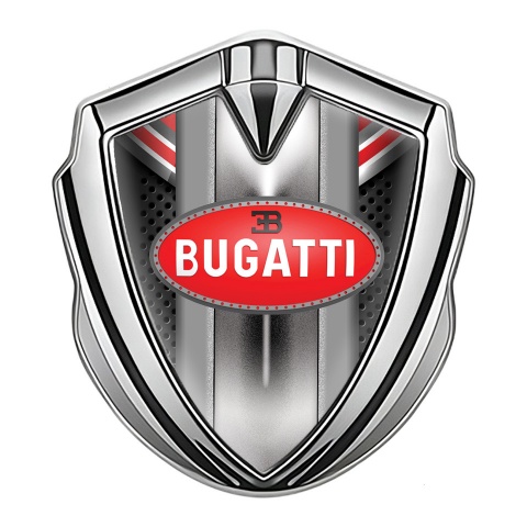 Bugatti Emblem Metal Badge Silver Red Fragments Perforated Frame