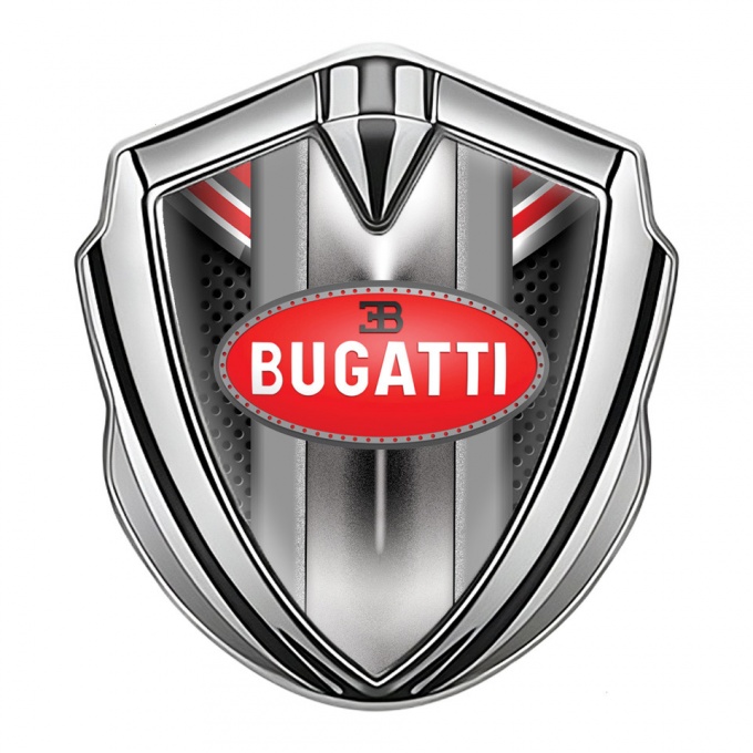Bugatti Emblem Metal Badge Silver Red Fragments Perforated Frame