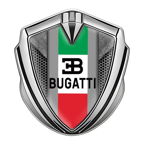 Bugatti Emblem Metal Badge Silver Grey Hexagon Italian Flag Design