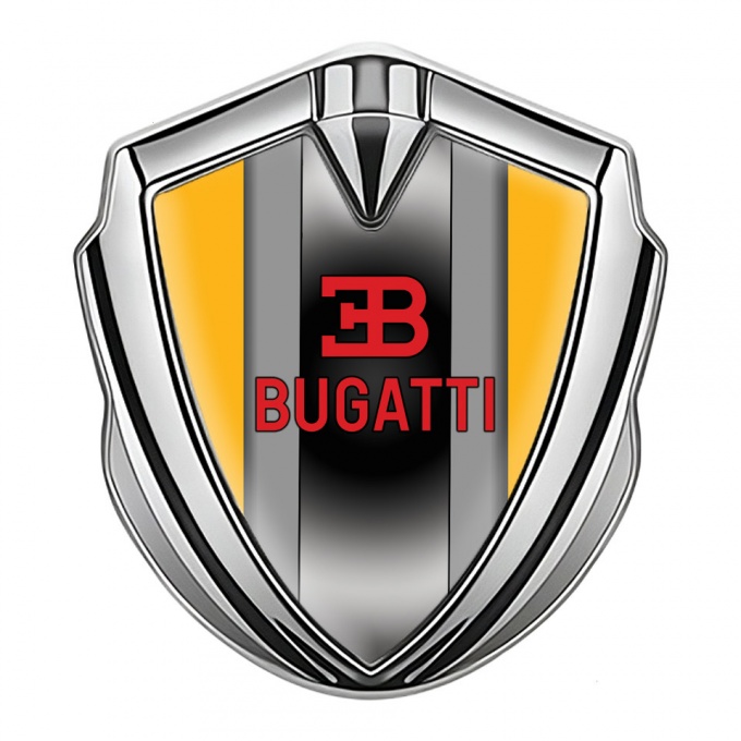 Bugatti Emblem Car Badge Silver Yellow Frame Polished Metal Console