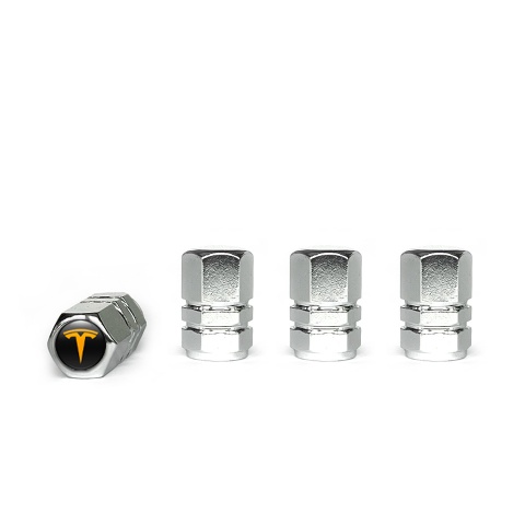Tesla Tyre Valve Caps Chrome 4 pcs Orange Logo