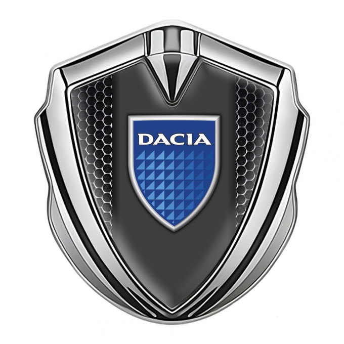 Dacia Emblem Car Badge Silver Steel Mesh Blue Shield Logo
