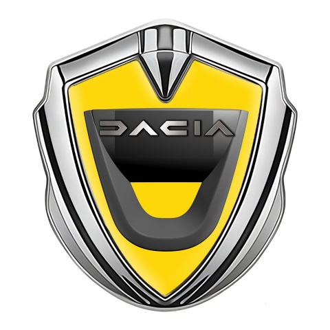 Dacia Emblem Trunk Badge Silver Yellow Base Dark Matte Logo Design
