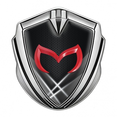 Mazda Badge Self Adhesive Silver Dark Hexagon Pattern Red Logo