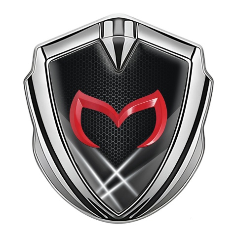 Mazda Badge Self Adhesive Silver Dark Hexagon Pattern Red Logo