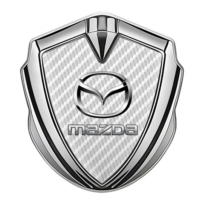 Mazda Badge Self Adhesive Silver White Carbon Classic Logo Steel Effect