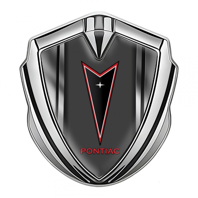 Pontiac Emblem Metal Badge Silver Steel Frame Red Outline Logo