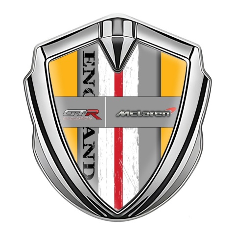 Mclaren GTR Domed Emblem Badge Silver Yellow Frame England Flag
