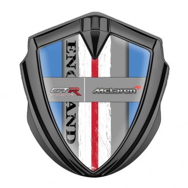 Mclaren GTR Emblem Metal Badge Graphite Blue Frame England Flag