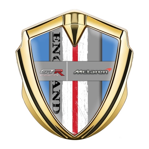 Mclaren GTR Emblem Metal Badge Gold Blue Frame England Flag