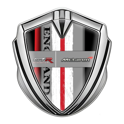 Mclaren GTR Emblem Ornament Badge Silver Crimson Stripe England Motif