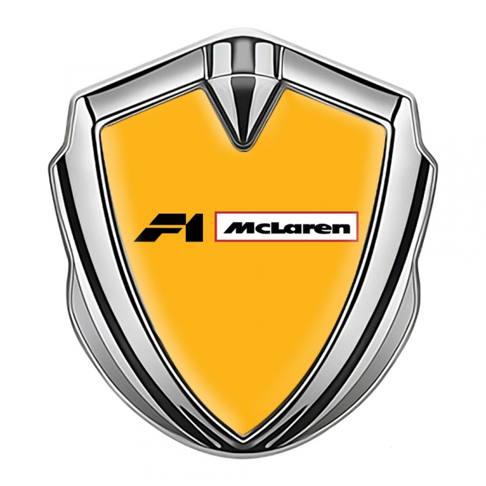 Mclaren F1 Silicon Emblem Badge Silver Orange Base Black White Logo