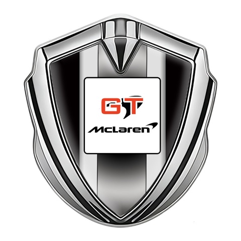 Mclaren GT Emblem Trunk Badge Silver Black Frame White Stripes Design
