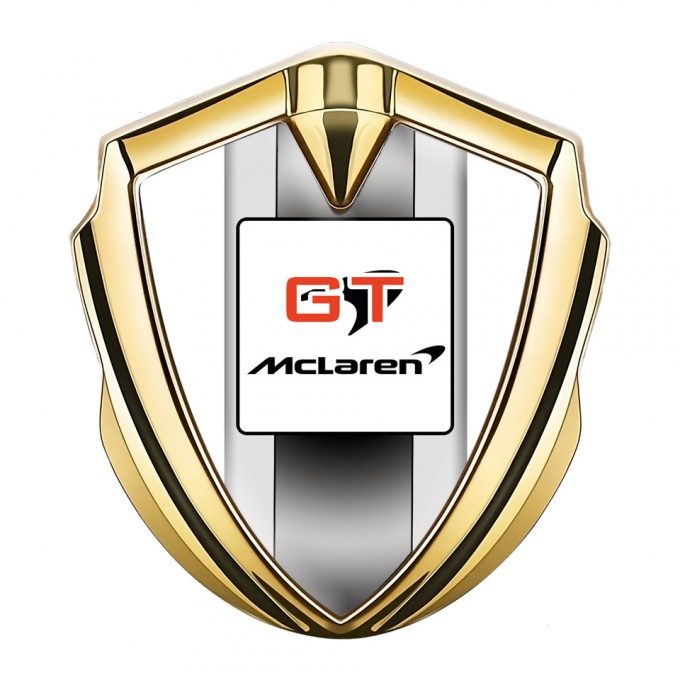 Mclaren GT Emblem Self Adhesive Gold White Frame Grey Stripes Design