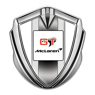 Mclaren GT Emblem Self Adhesive Silver White Frame Grey Stripes Design