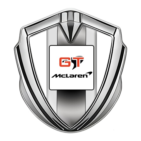 Mclaren GT Emblem Self Adhesive Silver White Frame Grey Stripes Design