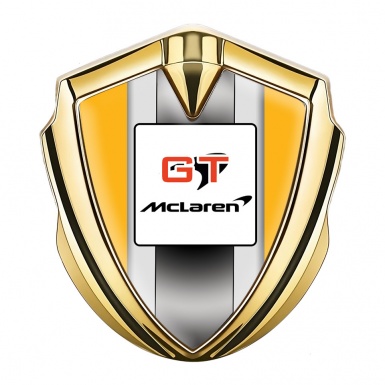 Mclaren GT Domed Emblem Badge Gold Orange Frame Grey Stripes Design