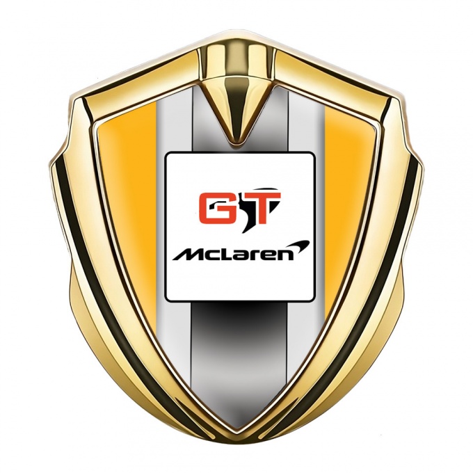 Mclaren GT Domed Emblem Badge Gold Orange Frame Grey Stripes Design