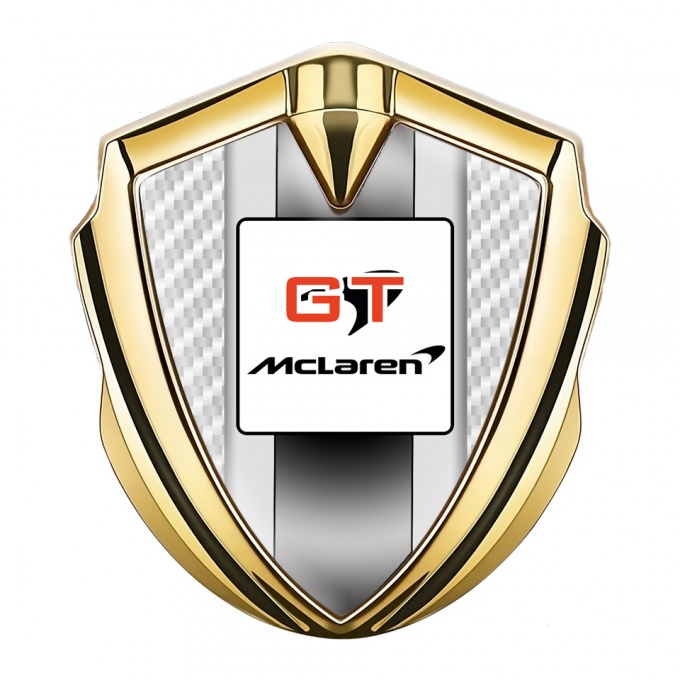 Mclaren GT Metal Domed Emblem Gold White Carbon Grey Stripes Design