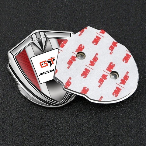 Mclaren GT Badge Self Adhesive Silver Red Carbon Grey Stripes Design