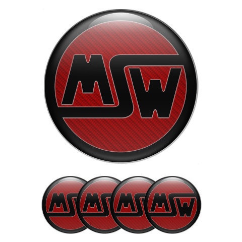 MSW Domed Stickers for Wheel Center Caps Red Carbon Black Ring Logo