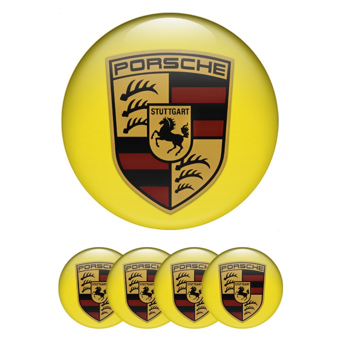 Porsche Stickers for Wheels Center Caps Yellow Base Classic Big Logo