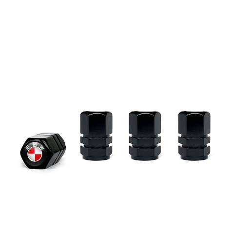BMW Valve Steam Caps Black 4 pcs Red White Logo